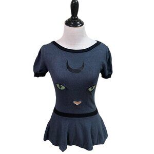 ModCloth X Collectif Women's Knit Sweater Size 2 Peplum Halloween Cat Embroidery